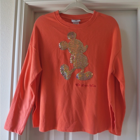 Disney World Orange Sweatshirt with Gold Sequin Mickey - size Small - Picture 1 of 5